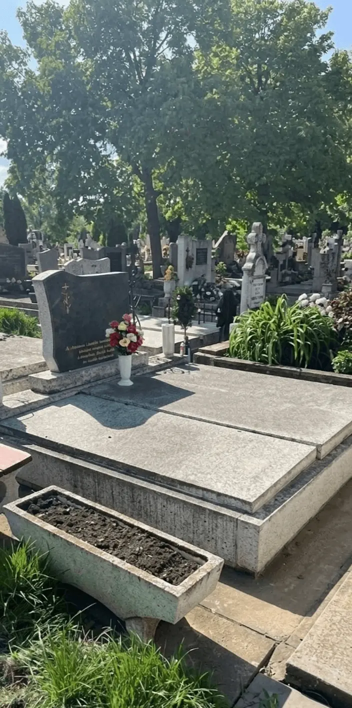 Sírkő tisztítás előtt – moszatos, szennyezett gránit síremlék Gyálon, Pest megye