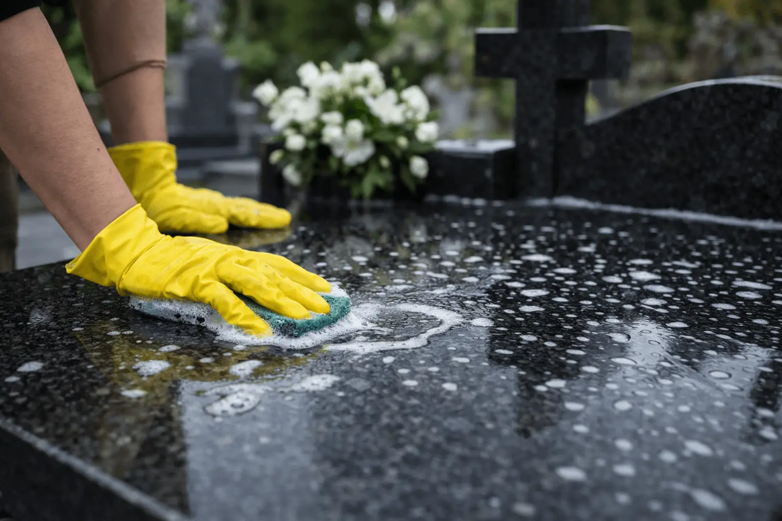Professzionális sírkőtisztítás sárga kesztyűben Gyál